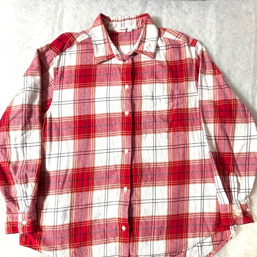 Gap Red White Plaid‎ Flannel Button Down Shirt Womens Large 100% Cotton Long Slv
